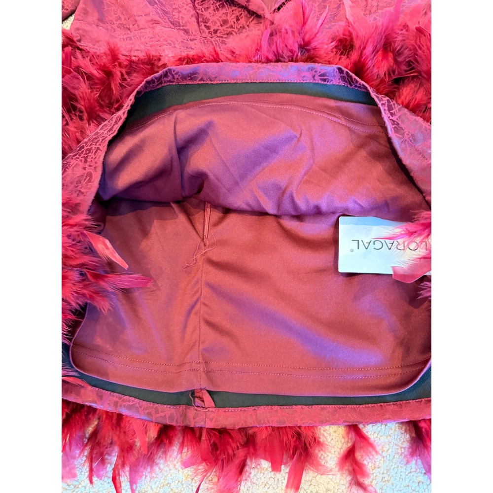 Burgundy Blazer Mini Dress Faux Feather Hem Deep V-Neck Lg Party Cocktail Baddie - Picture 12 of 16